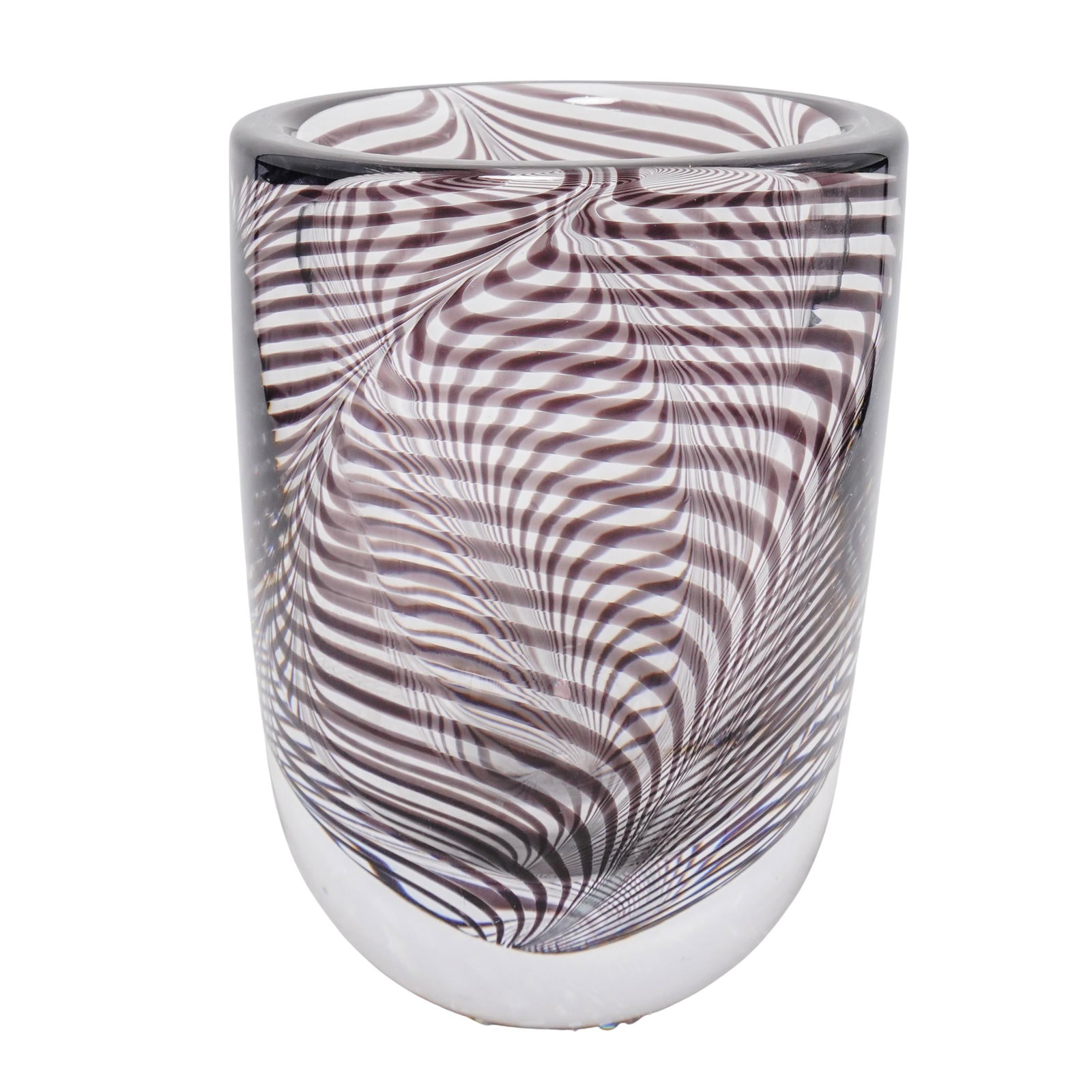 Sweden Studio Ahus Art Glass Vase: Sweden Studio Ahus Art Glass Vase 20th Century, Sweden Sweden Studio Ahus heavy art glass vase with semi oval form, in clear glass with internal sommerso swirl decorations in dark brown hues. Signed "