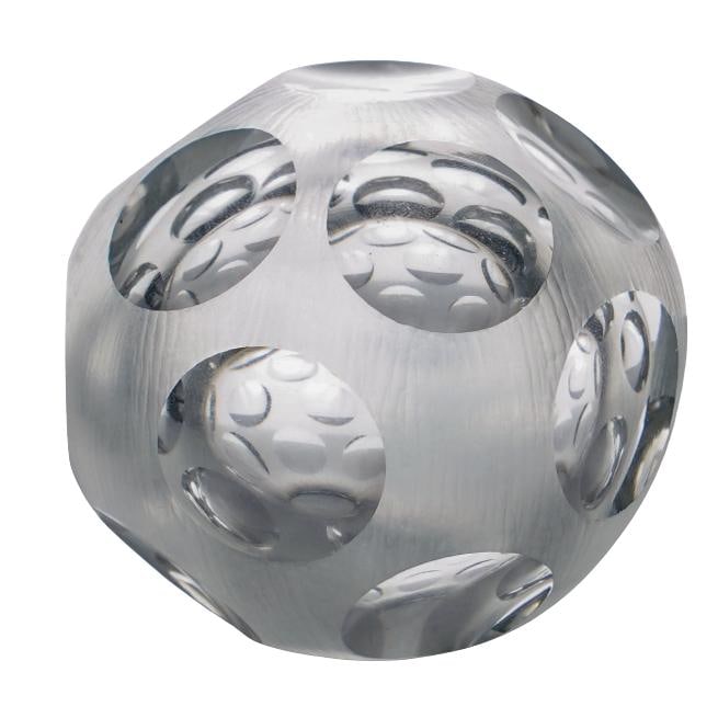 Round Clear and Frosted Glass Paperweight: Round Clear and Frosted Glass Paperweight 20th c., Continental Rounded frosted glass paperweight with clear circular cutouts and a hole at the bottom. H: 3.75" Dia: 4.25"
