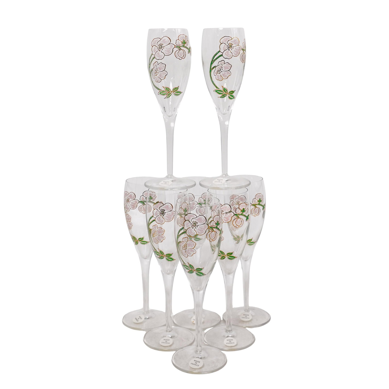 (8 Pc) Pierre Jouet Hand Painted Champagne Flutes: (8 Pc) Pierre Jouet Hand Painted Champagne Flutes 20th Century, France Set of (8) Pierre Jouet glass champagne flutes, featuring hand painted floral designs on each with gilt detailing. "Made in Franc