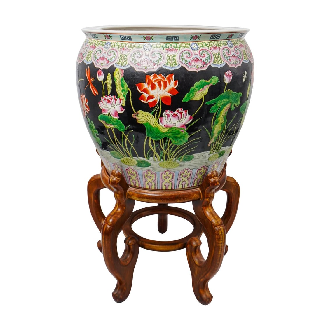 Chinese Porcelain Fish Bowl and Wooden Stand: Chinese Porcelain Fish Bowl and Wooden Stand20th Century, ChinaChinese porcelain fish bowl planter, decorated richly with floral and swirling designs on the exterior. The interior features large paint