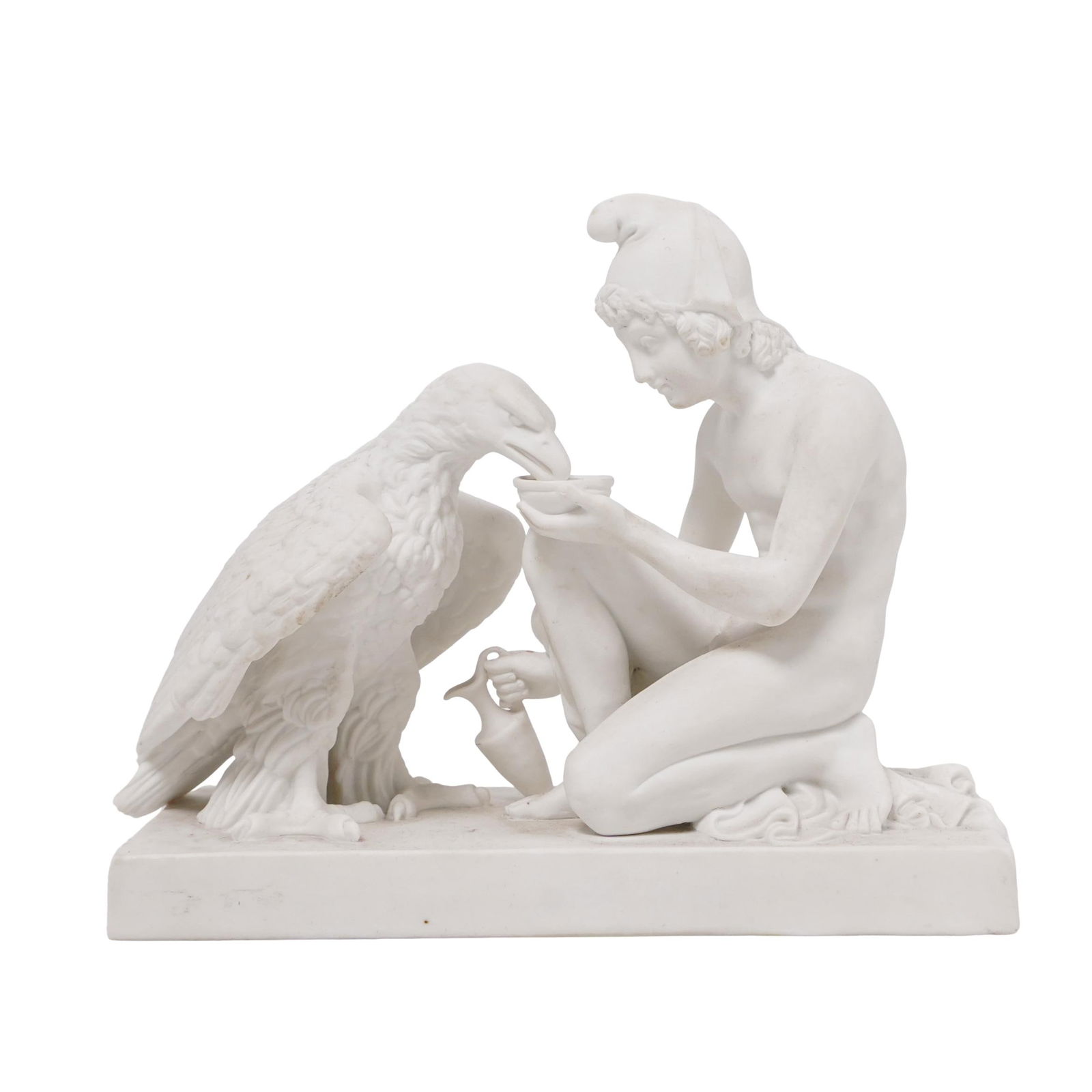 Antique Royal Copenhagen Bisque Porcelain Group Figurine: Antique Royal Copenhagen Bisque Porcelain Group FigurineEarly 20th Century, DenmarkAntique Royal Copenhagen white biscuit porcelain group figurine representing a Greek Mythology scene depicting "Ganym