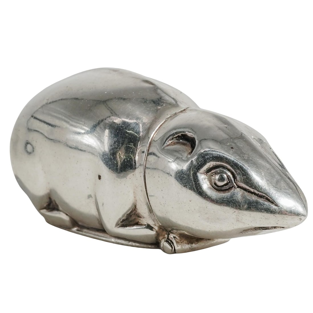 Sterling Silver "Mouse" Figurative Pill Box: Sterling Silver "Mouse" Figurative Pill Box 20th Century, Continental Sterling Silver figurine pill box designed with the form of a small rodent mouse, with hinged partition at the neck level. Marked 