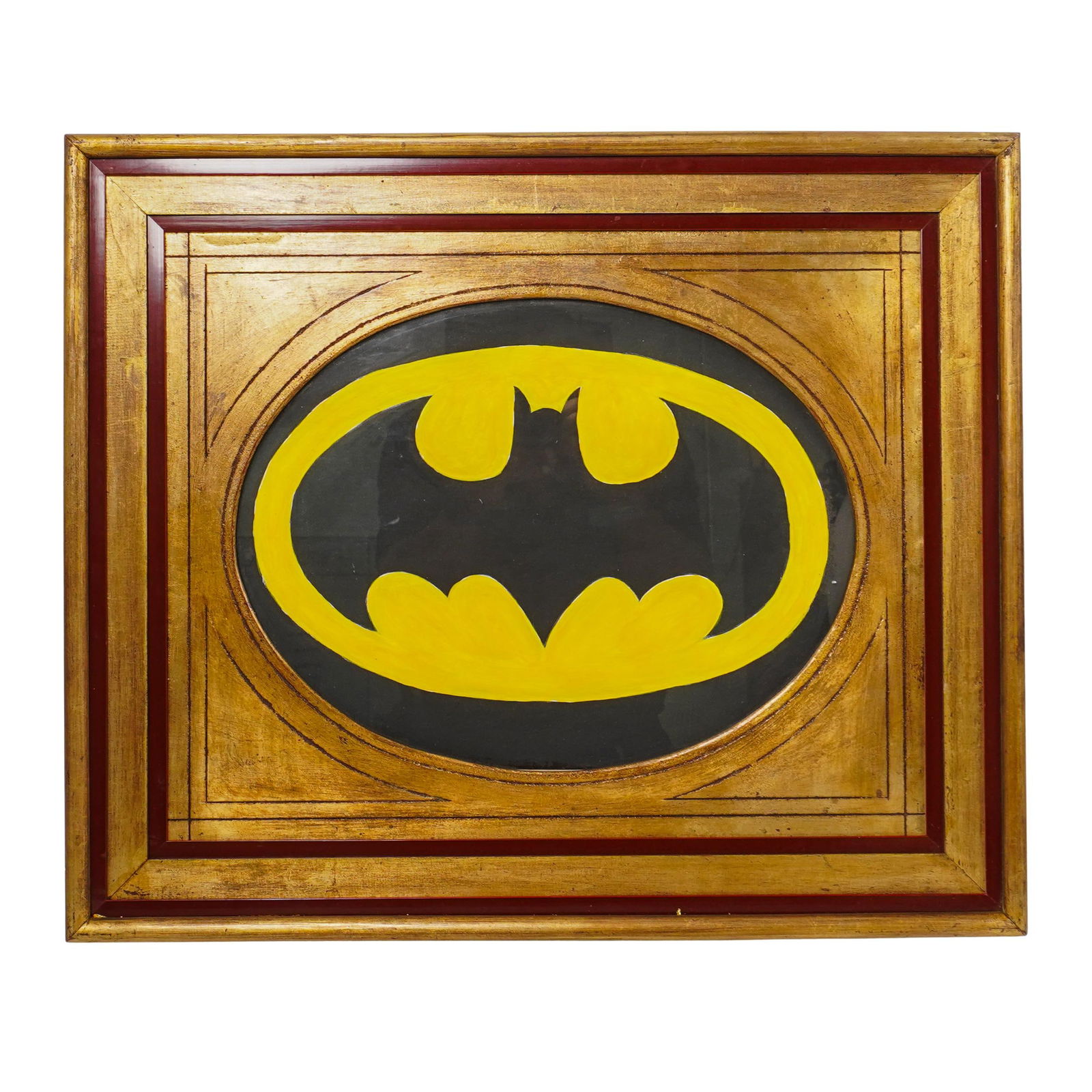 Framed Batman Painting On Cardboard: Framed Batman Painting On Cardboard21st CenturyFramed Batman painting on cardboard, with a gold tone wooden frame.H: 20 1/2" W: 24 1/2"