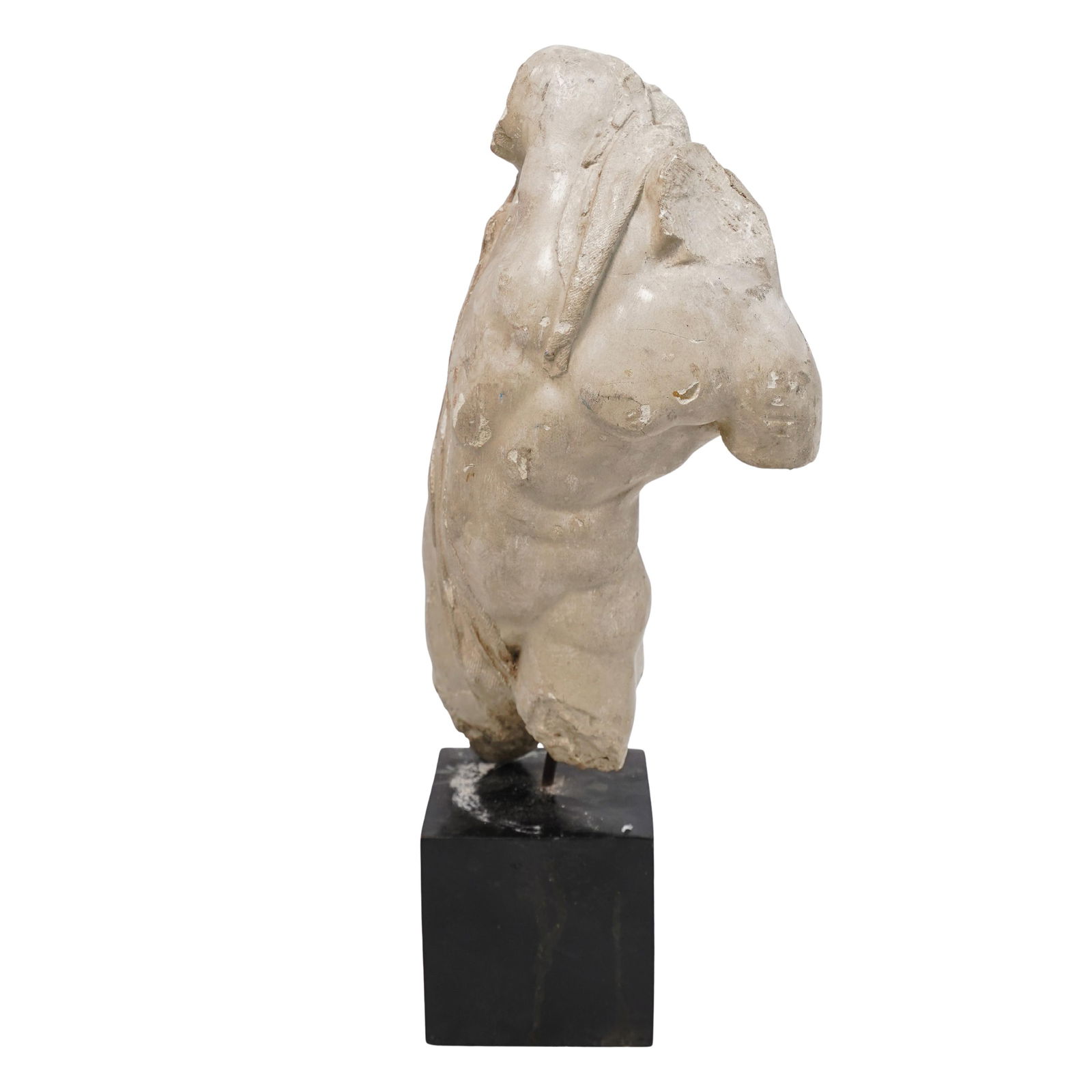 Greco-Roman Nude Ceramic Sculpture: Greco-Roman Nude Ceramic Sculpture20th century, ContinentalA Greco-Roman sculpture of a nude bust affixed to a metal base.H 19" W (base) 3 7/8"