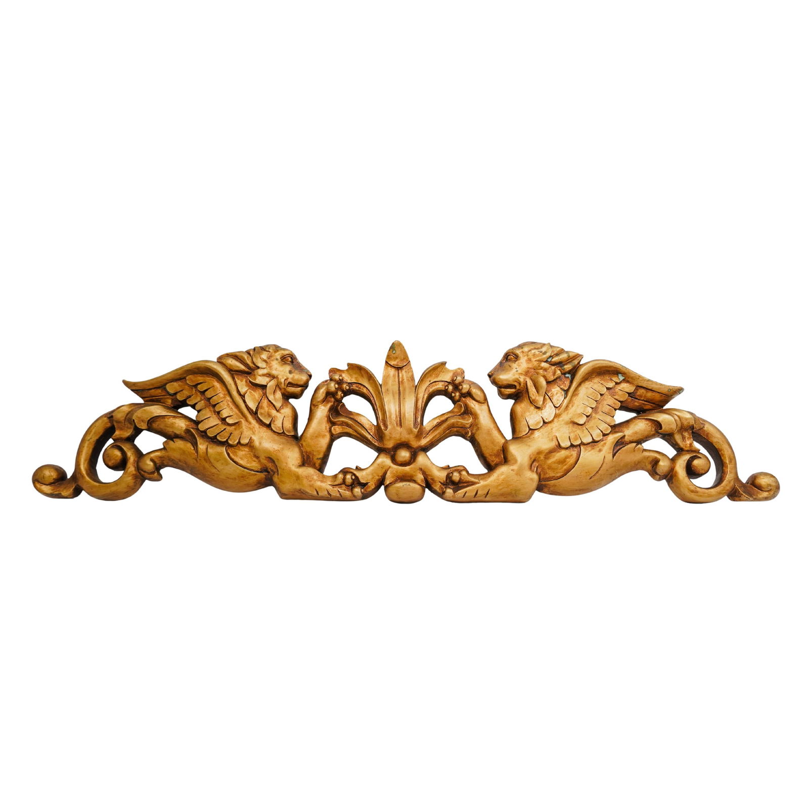 Handcrafted Gilt Plaster Gryphon Crest: Handcrafted Gilt Plaster Gryphon CrestEarly to mid 20th century, ChinaA handcrafted gilt plaster gryphon carved crest. Marked on back with "Toscano Design" label and also marked with "made in China" s