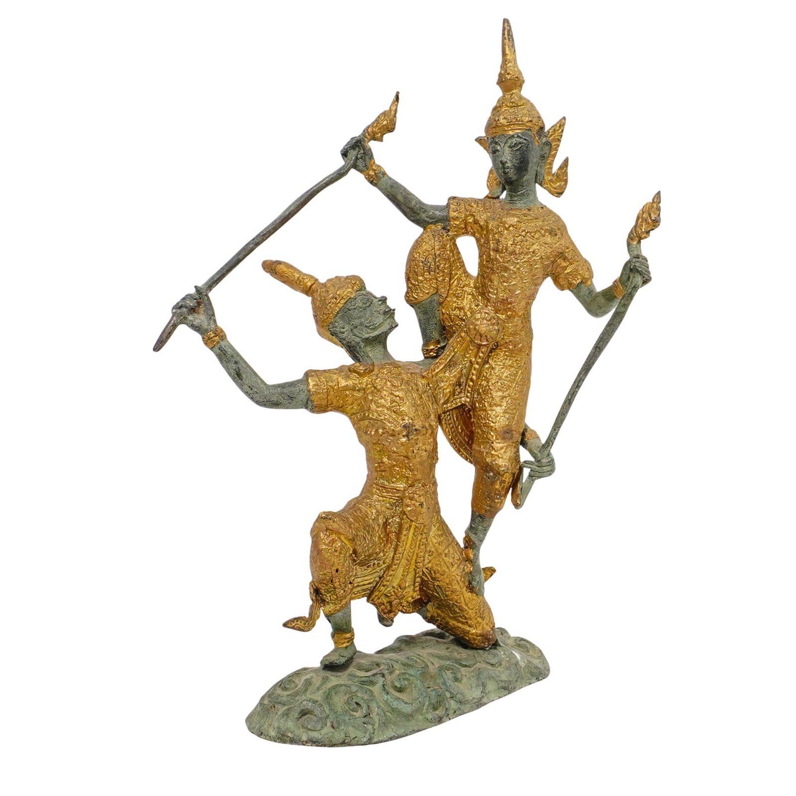 Mixed Gilt Metal Thai Warriors Sculpture: Mixed Gilt Metal Thai Warriors Sculpture20th century, ThailandSculpture depicting Thai warriors constructed from what is likely a gilt copper alloy mixed metal.H 11" L (base) 5 3/8" W (base) 2"