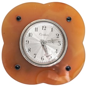 Cartier 18k Gold Chalcedony and Sapphire 8 Day Desk Clock