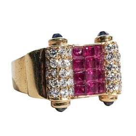 Retro 18k Gold, Ruby, Diamond and Sapphire Ring