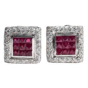 Pair of 18k White Gold, Ruby and Diamond Earrings
