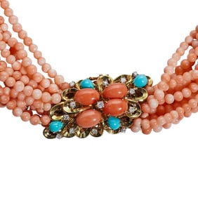 14k Gold Diamond Coral and Turquoise Necklace
