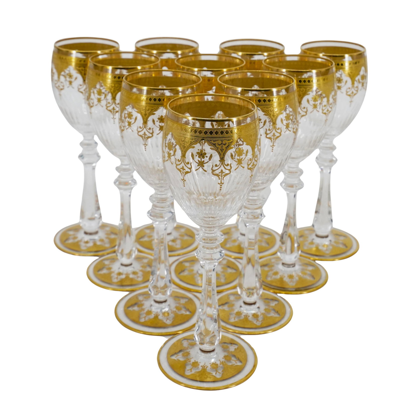 (10 Pc) Baccarat Crystal "Prestige" Water Goblets: (10 Pc) Baccarat Crystal "Prestige" Water Goblets20th Century, France(10 Pc) Ten Baccarat crystal water goblets featuring the 'Prestige' pattern depicting gold encrusted motifs and cut bowl and stem.