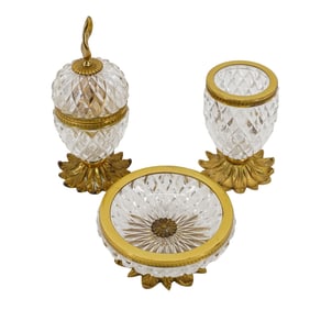 (3 Pc) Baccarat Cut Crystal Gilt Bronze Mounted Smoking Set