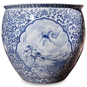 Large Antique Chinese Porcelain Blue & White Fish Bowl