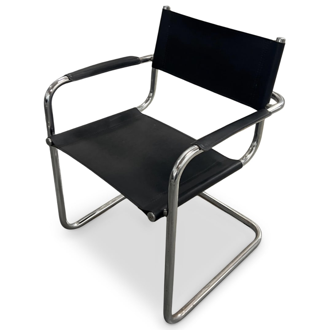 Thonet Cantilever Chrome Leather Armchair: Thonet Cantilever Chrome Leather Armchair21st Cent, GermanyThonet cantilever chrome steel armchair with black leather upholstery. Stamped: 'T'H: 31" x W: 22.75" x L: 21.5"