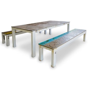 Domiziani Design Outdoor Artist Glazed Tile Topped Table & Bench Set