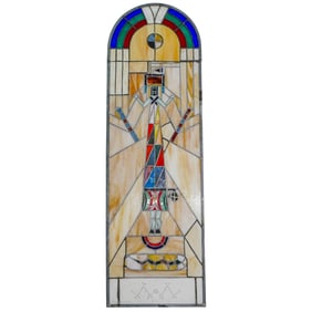 Signed Antique Leaded Stained Glass Window Panel