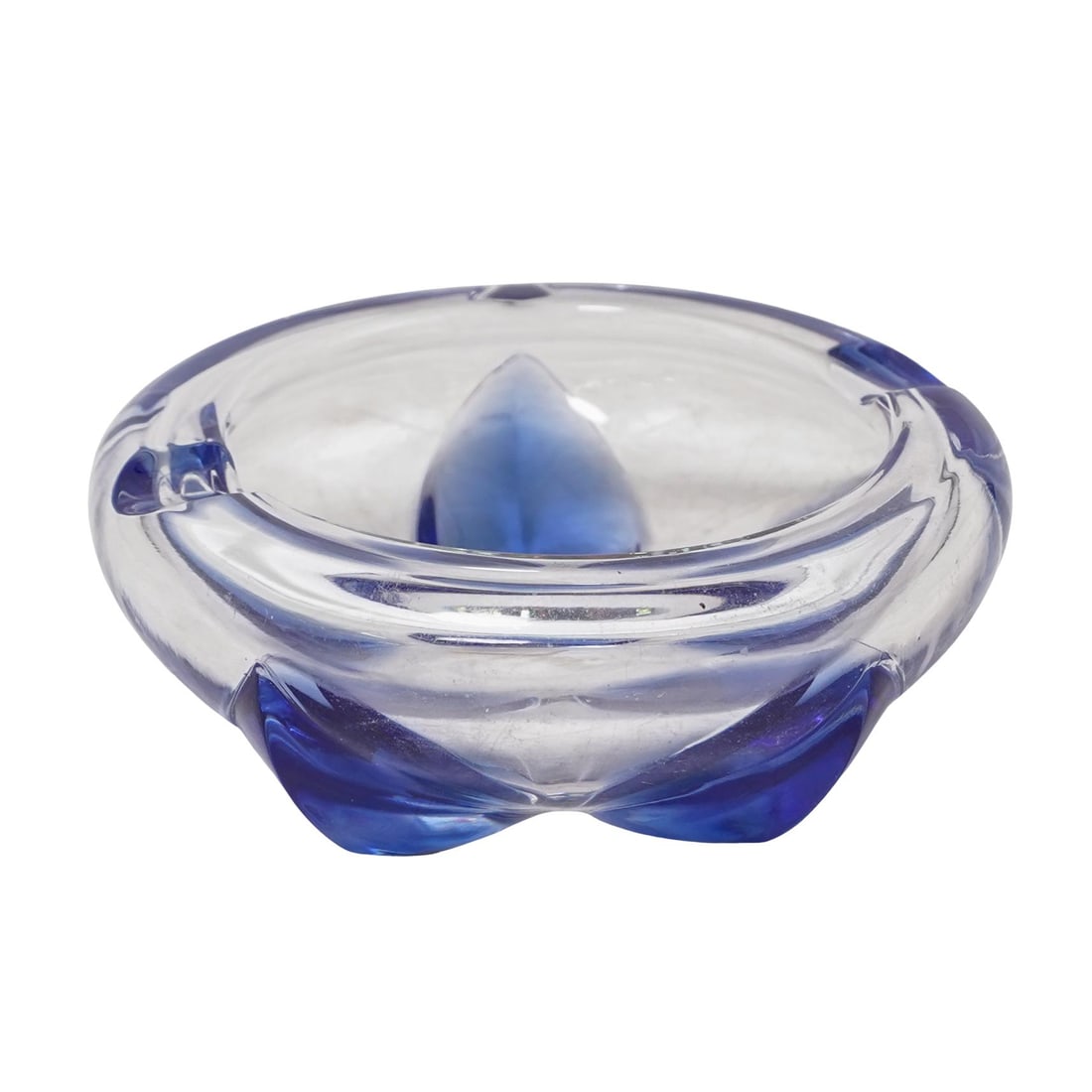Lalique Crystal Cap Ferrat Ashtray: Lalique Crystal Cap Ferrat Ashtray20th c., FranceClear tobacciana tray adorned with blue flower petals. Lalique France etched signature on the underside.Approx. H: 1.75" Dia: 4.25"