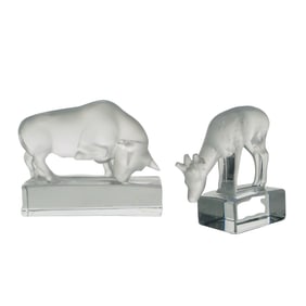 (2 Pc) Lalique Bull & Deer Crystal Paperweights
