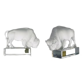 (2 Pc) Pair Of Lalique Crystal 'Bisons' Paperweights