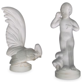 (2 Pc) Lalique Crystal "Coq Nain" Car Mascot & Child Figurine