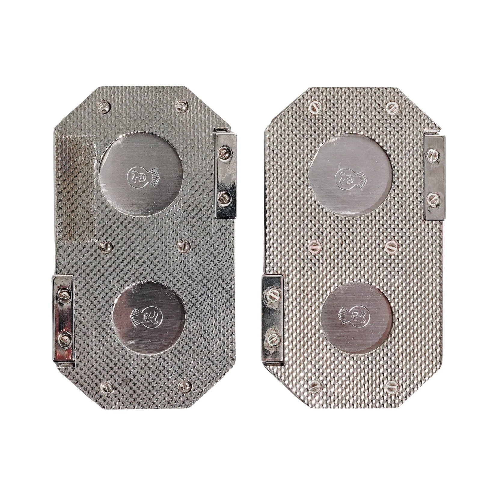 Pair of Hallmarked Italian Double Guillotine Cigar Cutters: Pair of Hallmarked Italian Double Guillotine Cigar CuttersMid 20th-early 21st century, ItalianA pair of Italian double guillotine cigar cutters. Each marked "made in Italy" and hallmarked with a logo