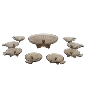 (9 Pc) Art Deco Smoked Glass Serving Bowl Set