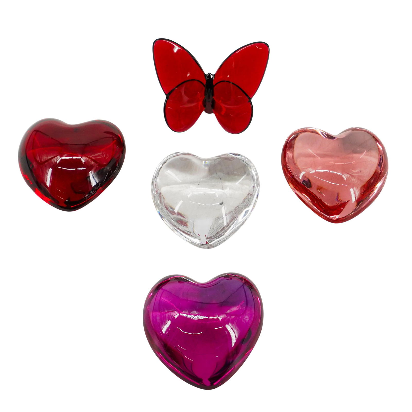 (5 Pc) Baccarat Crystal Heart & Butterfly Paperweight Collection (1 of 16)