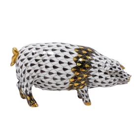 Herend Porcelain "Pig" Black Fishnet Figurine