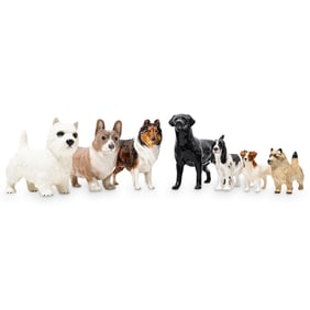 (7 Pc) Glazed Porcelain Dog Figurine Assorted Collection