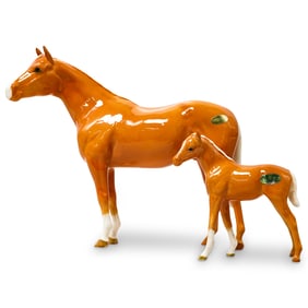 (2 Pc) Beswick Porcelain Palomino Horse & Foal Figurines