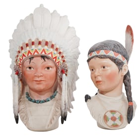 (2 Pc) Cybis Bisque Porcelain Native American Busts