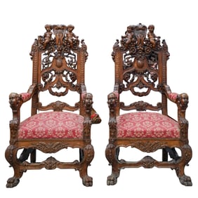 Pair of Renaissance Revival Style Carved Wood Chairs