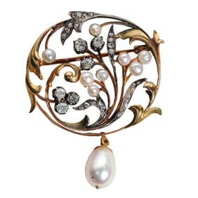 Faberge Style 14k Gold, Silver, Pearl, and Diamond Brooch