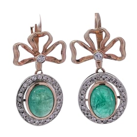 Pair of Faberge Style 14k Gold, Emerald, and Diamond Earrings