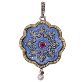 Faberge Style 18k Gold, Guilloche Enamel, Ruby, Diamond, and Pearl Pendant