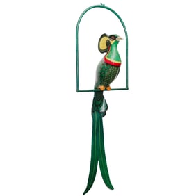 Signed Bustamante Paper Mache Tropical Bird on Hanging Stand