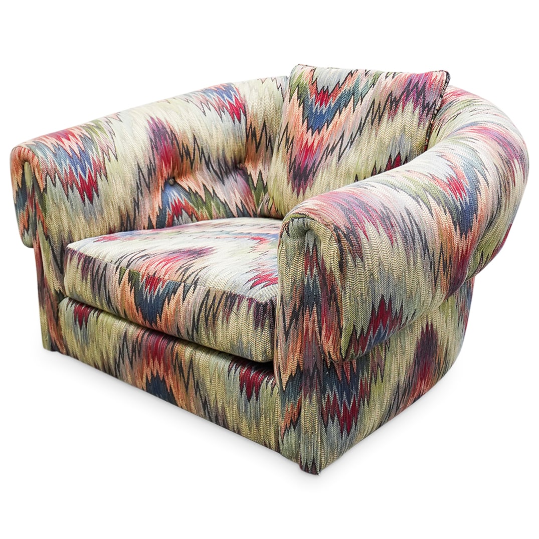 Manner of Milo Baughman (1923-2003, USA) Chevron Swivel Club Chair: Manner of Milo Baughman (1923-2003, USA) Chevron Swivel Club ChairMid to late 20th century, American/Italian (likely)A swivel club chair with a colorful, chevron-like patterned upholstery attributed i