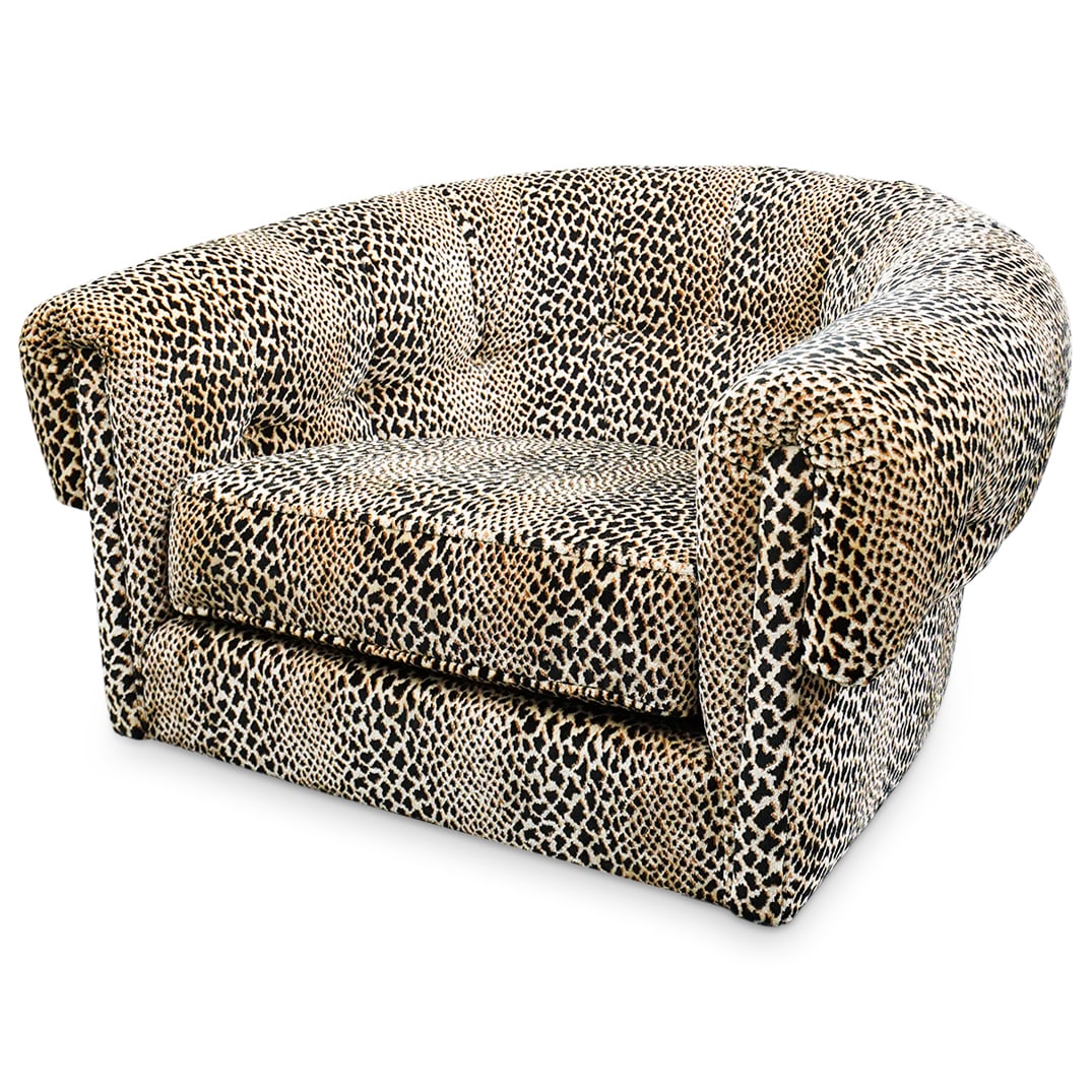 Manner of Milo Baughman (1923-2003, USA) Cheetah Swivel Club Chair: Manner of Milo Baughman (1923-2003, USA) Cheetah Swivel Club ChairMid to late 20th century, American (likely)A swivel club chair with a cheetah patterned upholstery in the manner of designs by Milo Ba