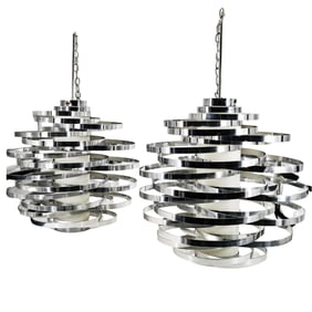 Max Suaze for Sciolari Pair of Chrome Cyclone Pendant Lamps
