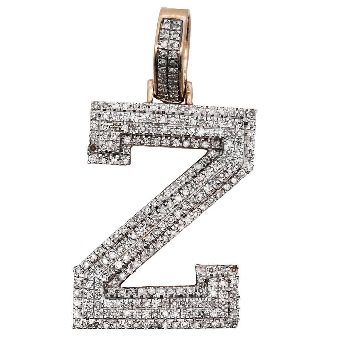 10k Gold and Diamond Z Pendant: 10k Gold and Diamond Z Pendant 10k gold 'Z' pendant, fully set with pave diamonds. The front face is encrusted with closely set diamonds as well as the bail. The back reveals a yellow gold frame and o