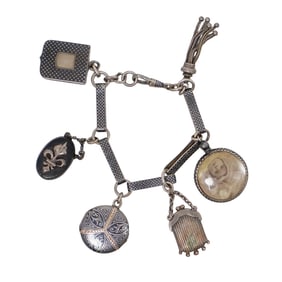 19th C. French Silver Niello Picture Charm Bracelet