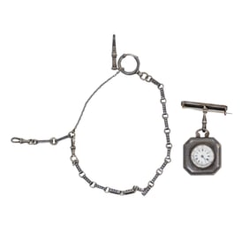(2 Pc) Victorian Silver Niello Watch Brooch & Chain
