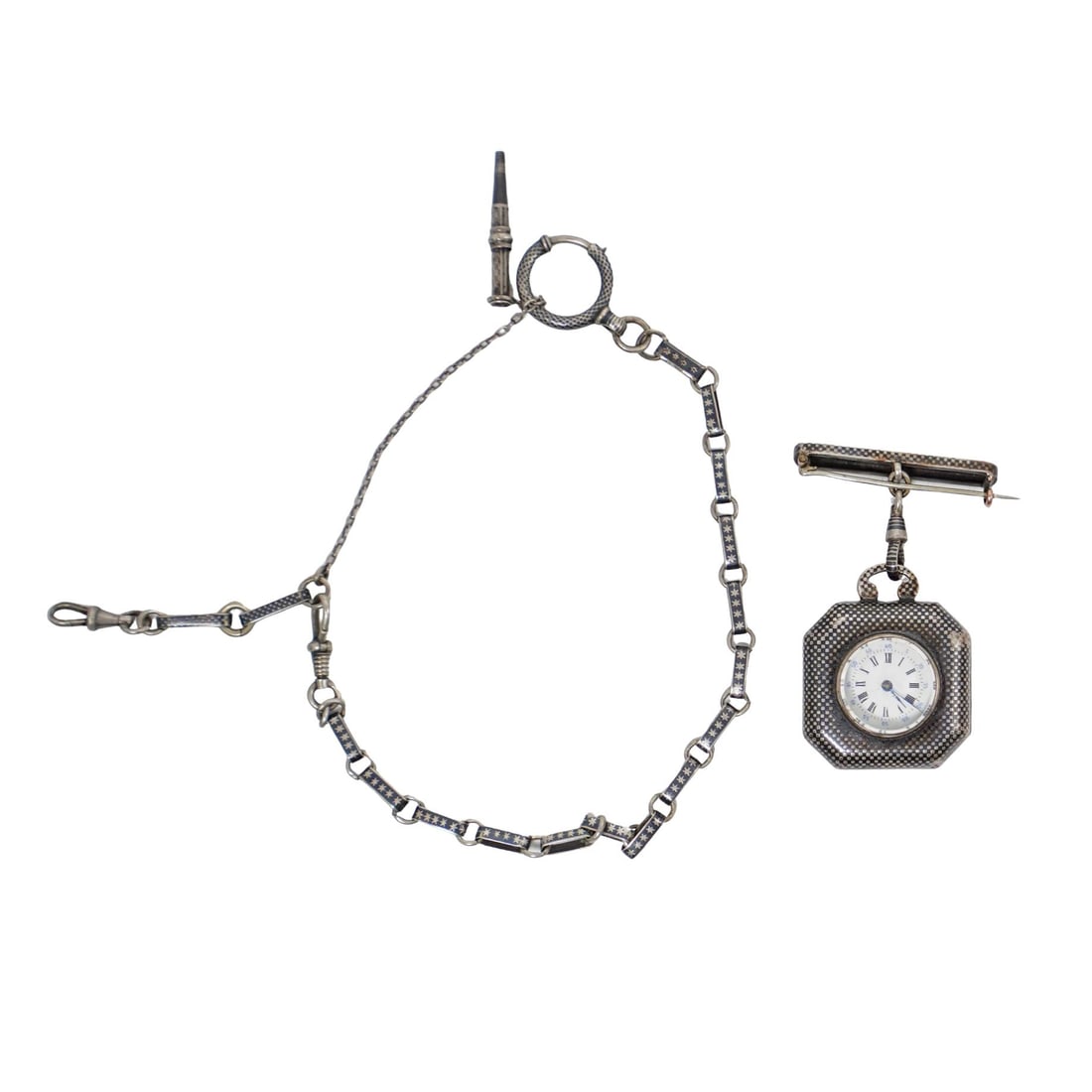(2 Pc) Victorian Silver Niello Watch Brooch & Chain (1 of 6)