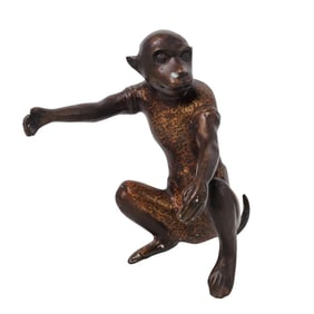 Signed Chinese Meiji-Style Gilt Bronze Monkey Sculpture