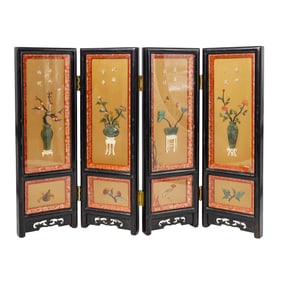 Chinese Jade and Semi-Precious Stone Wooden Table Screen