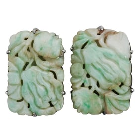 Pair Of Chinese Silver and Jade Robe Clips