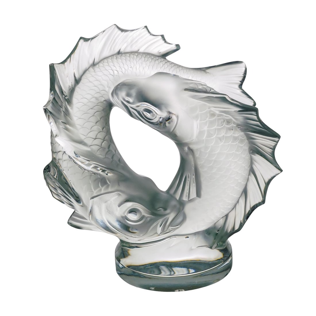 Lalique Crystal "Deux Poissons" Koi Fish Sculpture: Lalique Crystal "Deux Poissons" Koi Fish Sculpture 20th Century, France A Lalique crystal "Deux Poissons" sculpture. Features two intertwined double fish atop a clear, rounded base. Incised "Lalique F