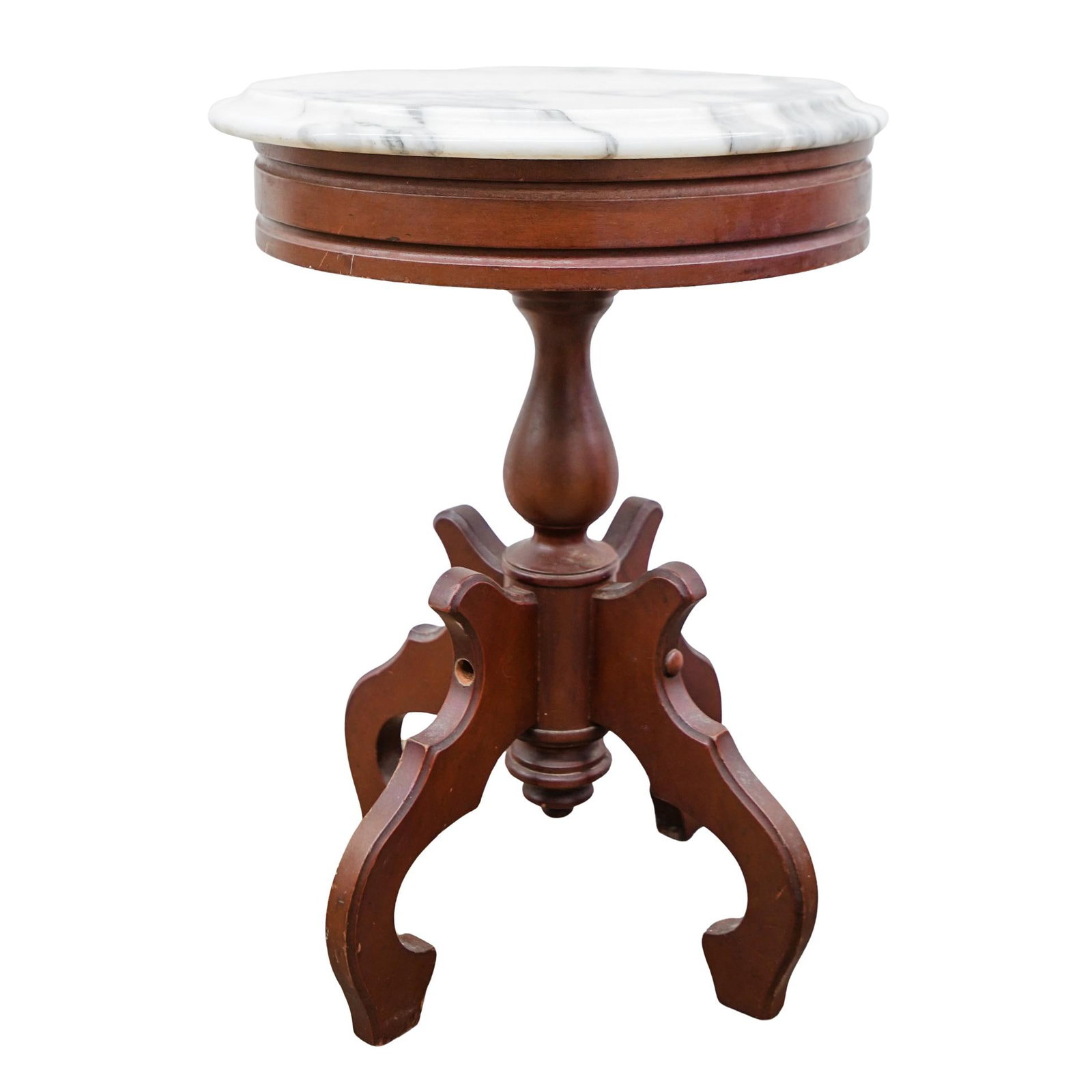 Antique Mahogany Marble Pedestal: Antique Mahogany Marble Pedestal Late 19th century, Europe An antique carved mahogany pedestal with a white marble top. H 19" Diameter 14"