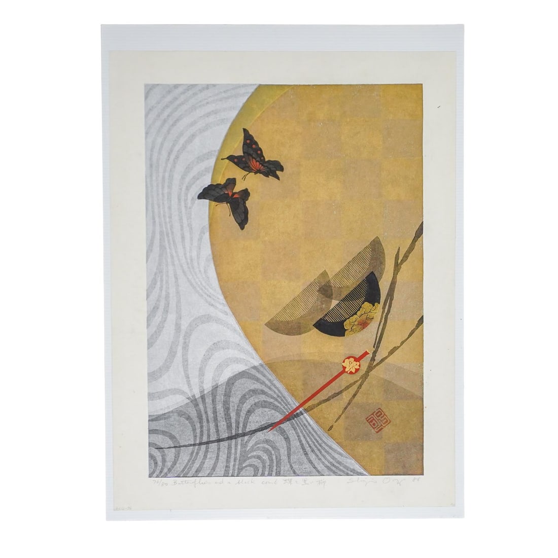 Shoji Osugi (b. 1945, Japanese) "Butterflies and Comb" Woodblock Print: Shoji Osugi (b. 1945, Japanese) "Butterflies and Comb" Woodblock Print 1986, Japan A Japanese woodblock print titled "Butterflies and a Black Comb" by Japanese artist Shoji Osugi (b. 1945). Titled in 