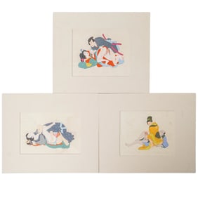 (3 Pc) Japanese Shunga Erotic Woodblock Prints